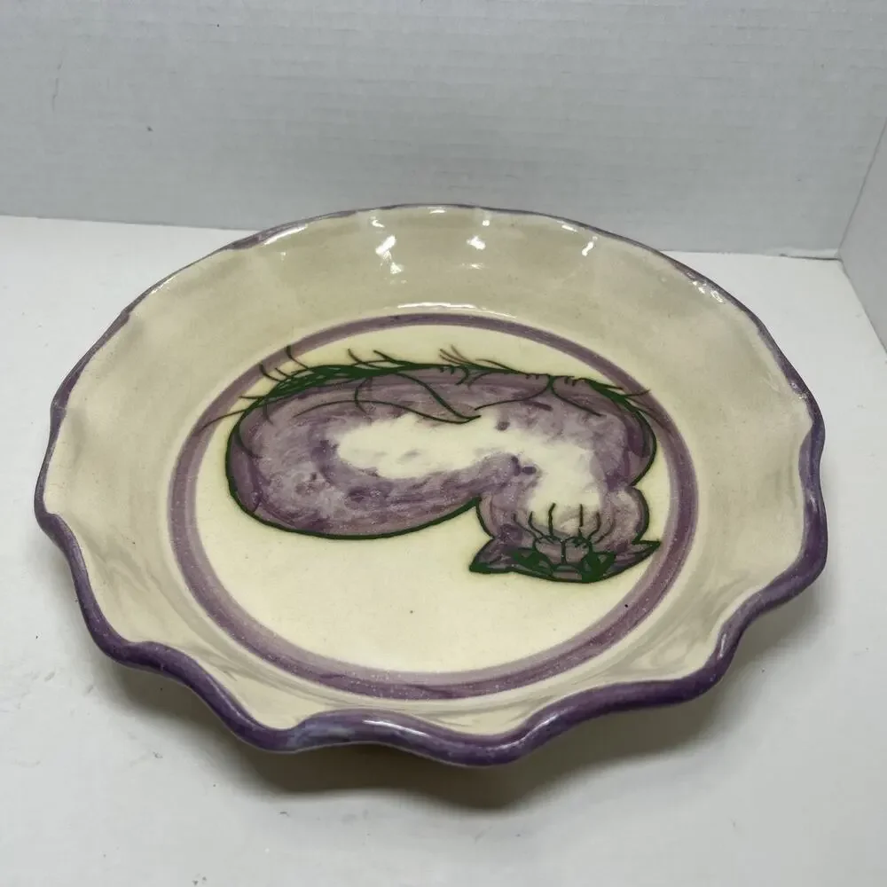 Art Pottery Pie Dish Purple Kitty Cat Ruffled Edge Signed Ceramic 10